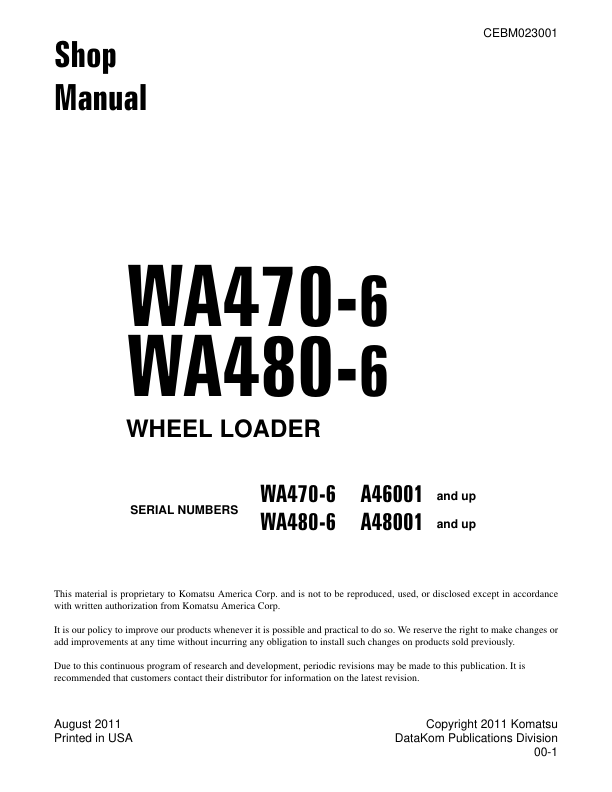 Komatsu WA470-6 WA480-6 Wheel Loader Workshop Manual SN A46001 A48001 and UP - Image 2