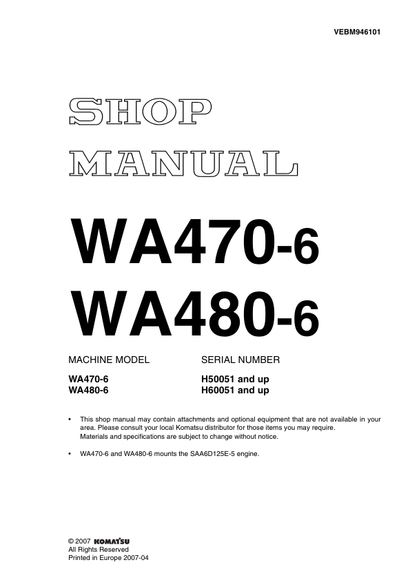 Komatsu WA470-6 WA480-6 Wheel Loader Workshop Manual SN H50051 H60051 and UP - Image 2