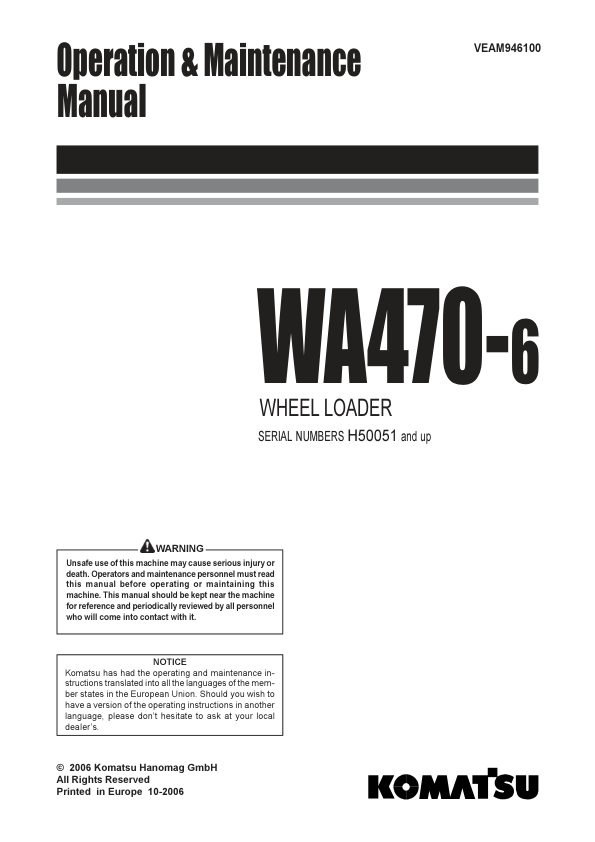 Komatsu WA470-6 Wheel Loader Operation and Maintenance Manual SN H50051 and UP - Image 2
