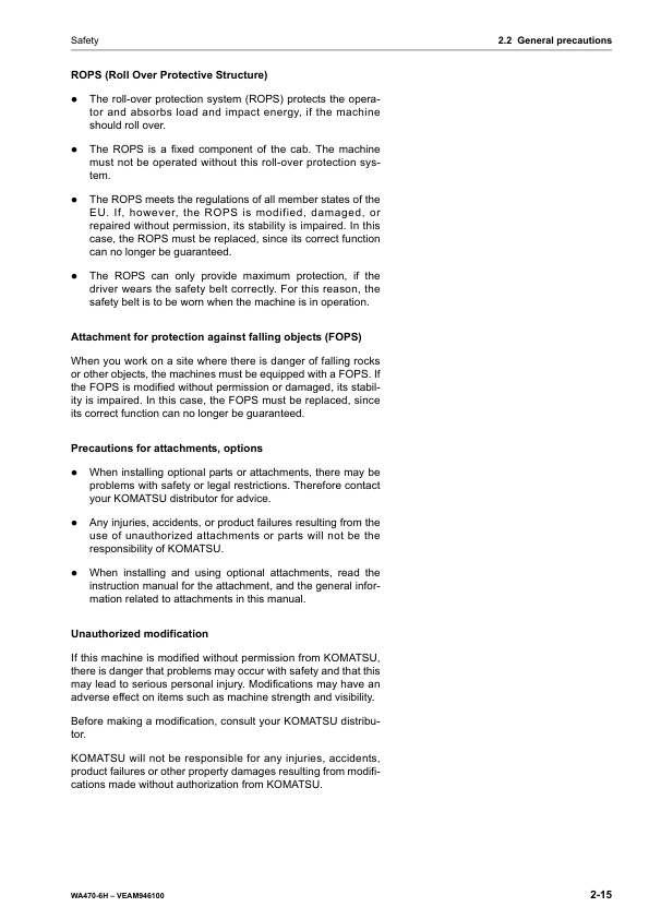 Komatsu WA470-6 Wheel Loader Operation and Maintenance Manual SN H50051 and UP - Image 10