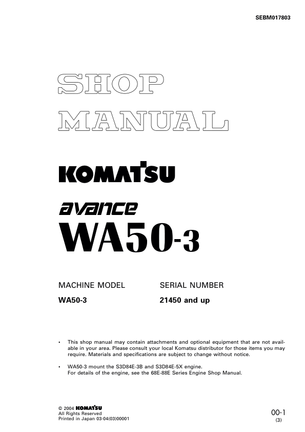 Komatsu WA50-3 Avance Wheel Loader Workshop Manual SN 21450 and UP - Image 2