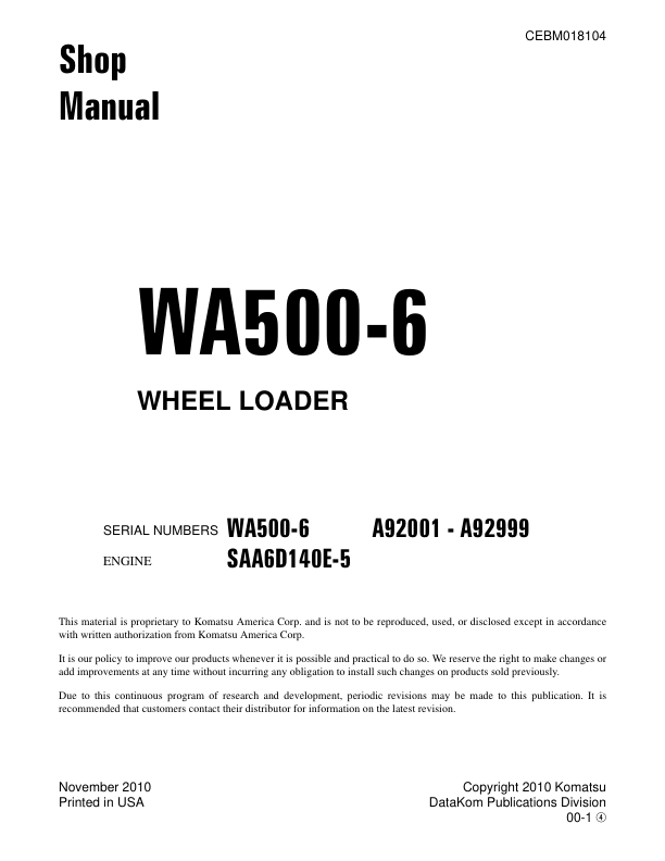 Komatsu WA500-6 Wheel Loader Workshop Manual SN A92001-A92999 - Image 2