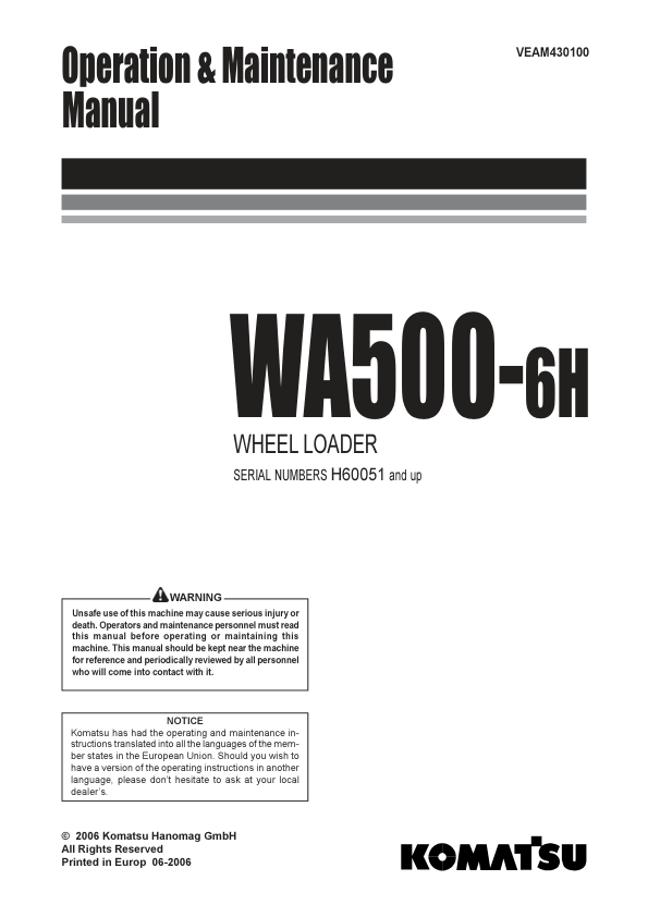 Komatsu WA500-6H Wheel Loader Operation and Maintenance Manual SN H60051 and UP - Image 2