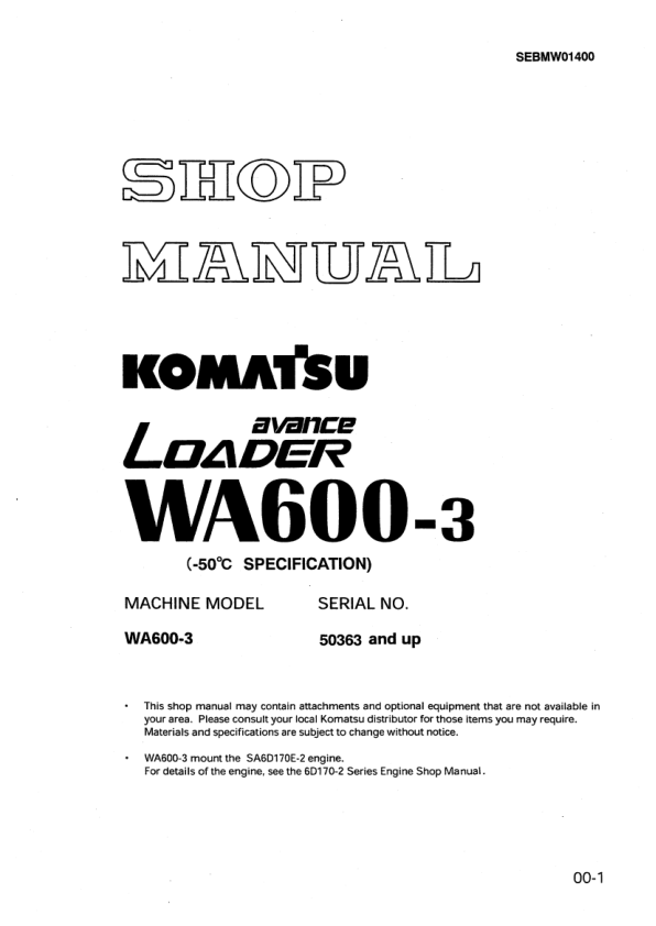 Komatsu WA600-3 Avance Wheel Loader Workshop Manual SN 50363 and UP - Image 2
