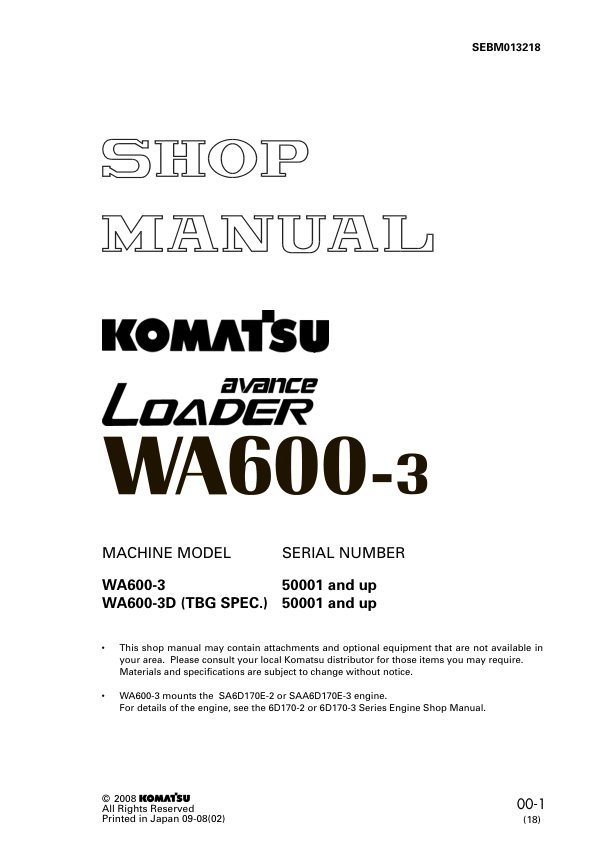 Komatsu WA600-3 Wheel Loader Workshop Manual SN 50001 and UP SEBM013218 - Image 2