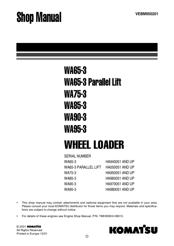 Komatsu WA65-3 Parallel Lift WA75-3 WA85-3 WA90-3 WA95-3 Wheel Loader Workshop Manual - Image 2