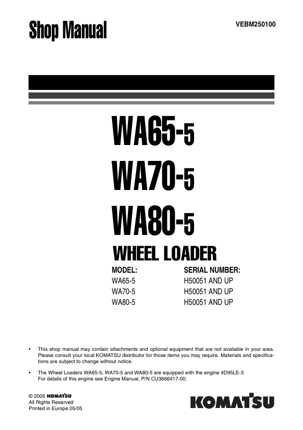 Komatsu WA65-5 WA70-5 WA80-5 Wheel Loader Workshop Manual SN H50051 and UP - Image 2