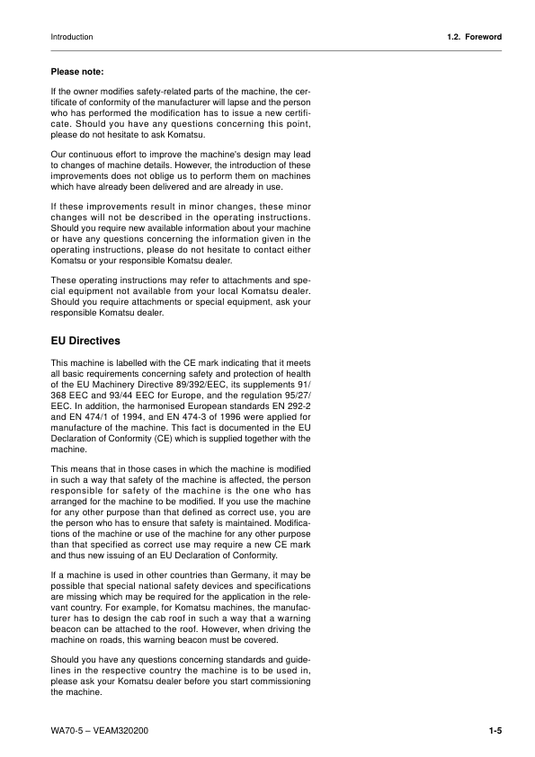 Komatsu WA70-5 Wheel Loader Operation and Maintenance Manual SN H50051 and UP - Image 6