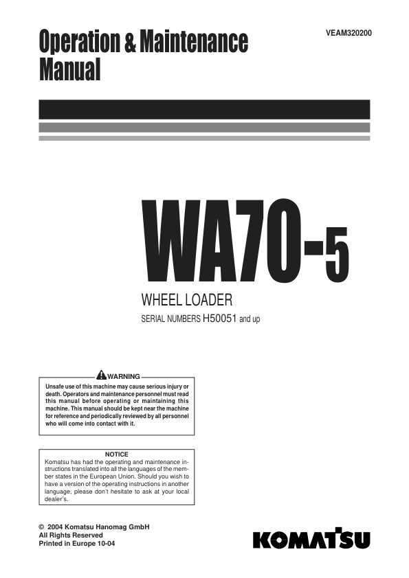 Komatsu WA70-5 Wheel Loader Operation and Maintenance Manual SN H50051 and UP - Image 2