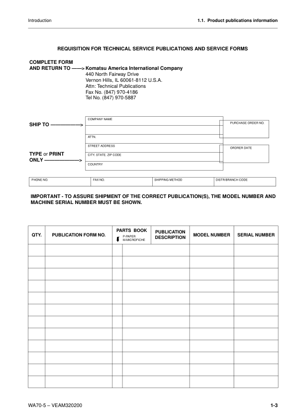 Komatsu WA70-5 Wheel Loader Operation and Maintenance Manual SN H50051 and UP - Image 13