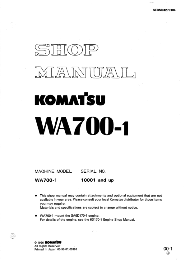 Komatsu WA700-1 Wheel Loader Workshop Manual SN 10001 and UP - Image 2