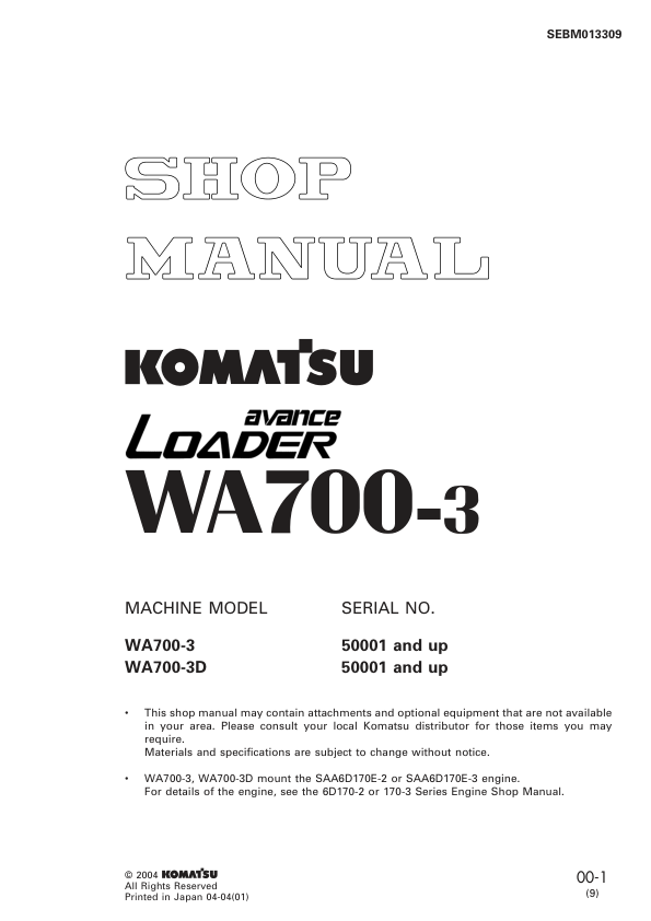 Komatsu WA700-3 Avance Wheel Loader Workshop Manual SN 50001 and UP SEBM13309 - Image 2