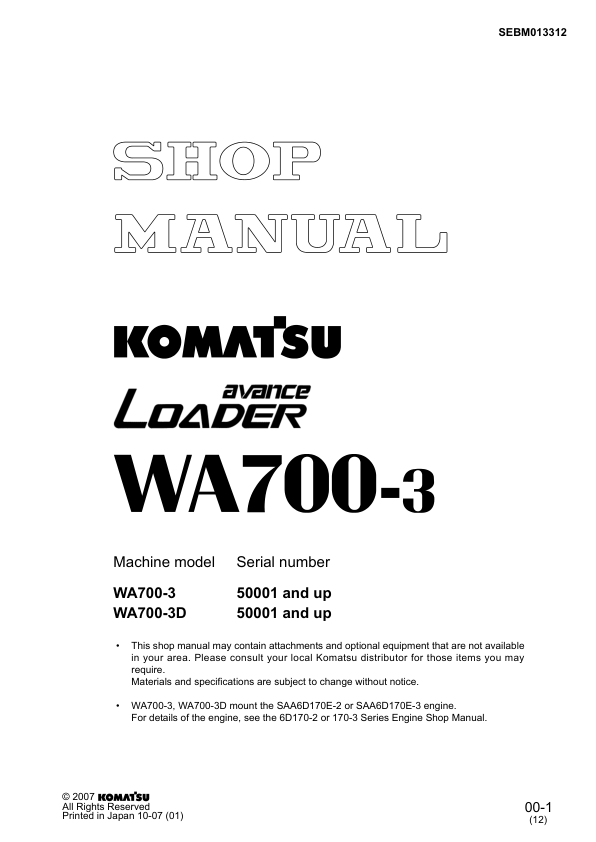 Komatsu WA700-3 Avance Wheel Loader Workshop Manual SN 50001 and UP SEBM13312 - Image 2