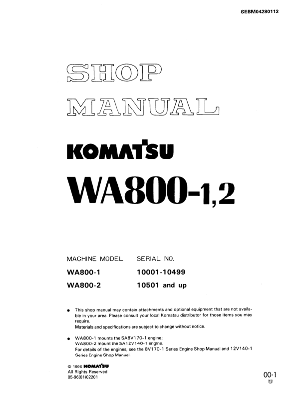 Komatsu WA800-1 WA800-2 Wheel Loader Workshop Manual SN 10001-10499 10501 - Image 2