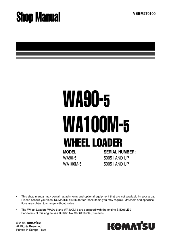 Komatsu WA90-5 WA100M-5 Wheel Loader Workshop Manual SN 5051 and UP - Image 2