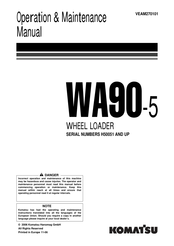 Komatsu WA90-5 Wheel Loader Operation and Maintenance Manual SN H50051 and UP - Image 2