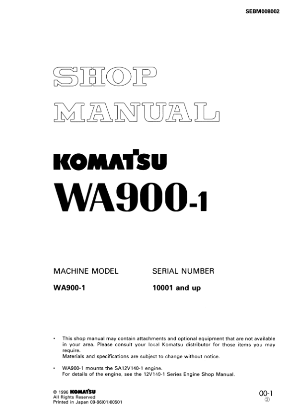 Komatsu WA900-1 Wheel Loader Workshop Manual SN 10001 and UP - Image 2
