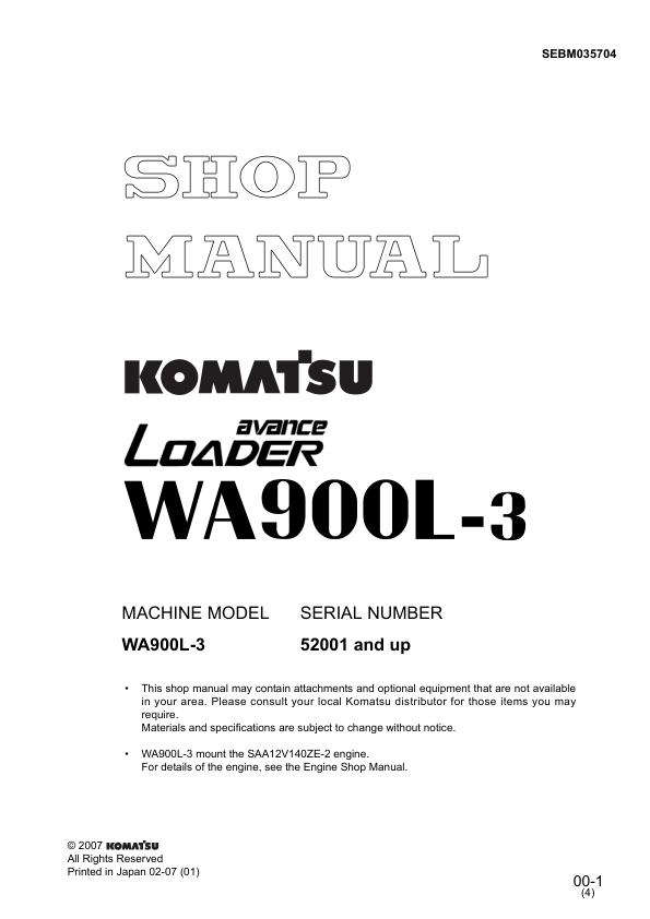 Komatsu WA900L-3 Avance Wheel Loader Workshop Manual SN 52001 and UP - Image 2