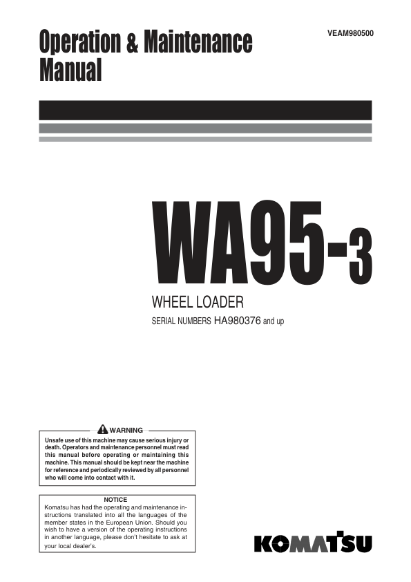 Komatsu WA95-3 Wheel Loader Operation and Maintenance Manual SN HA980376 and UP - Image 2