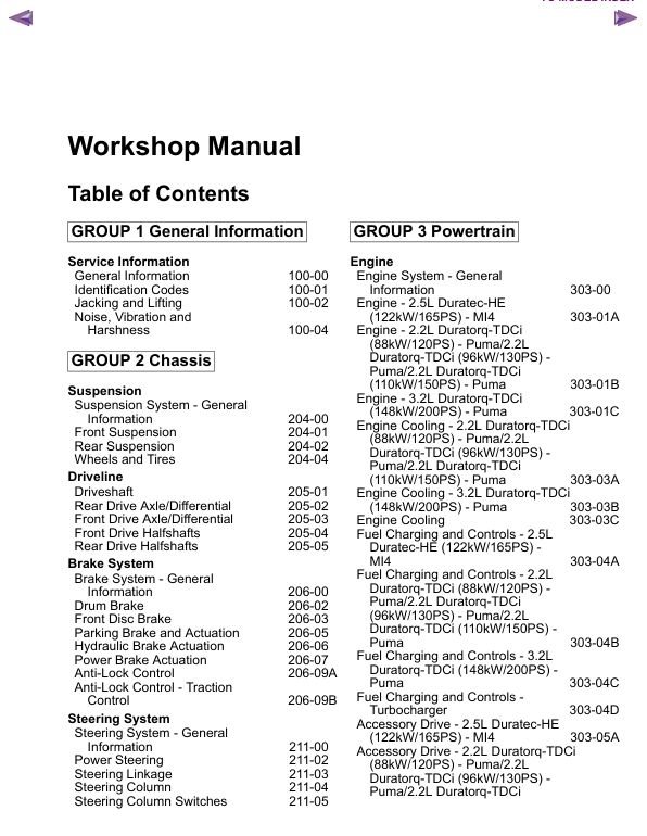 Mazda BT-50 Ford Ranger Workshop Manual - Image 12
