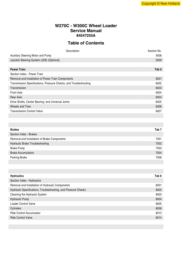 New Holland W270C W300C Wheel Loader Service Manual 8457255A - Image 5