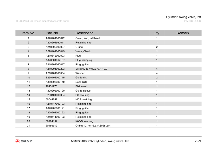 SANY HBT6016C-5S Trailer-mounted Concrete Pump Parts Catalog - Image 13