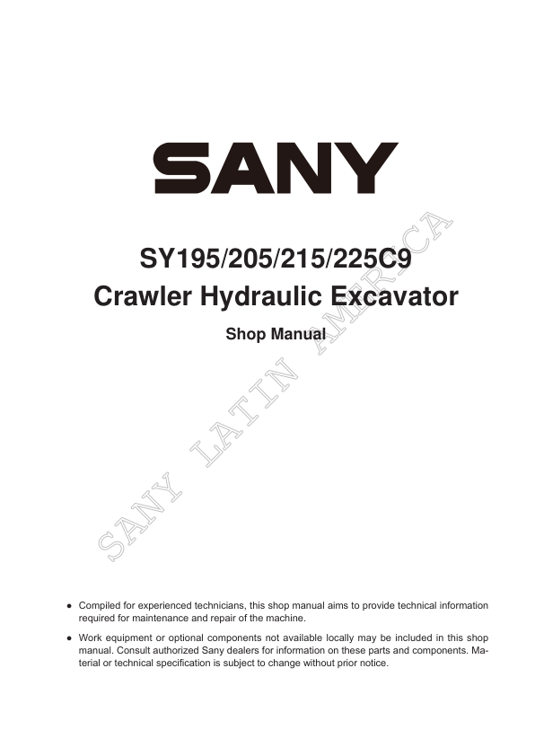 SANY SY195C9 SY205C9 SY215C9 SY225C9 Excavator Service Manual - Image 4