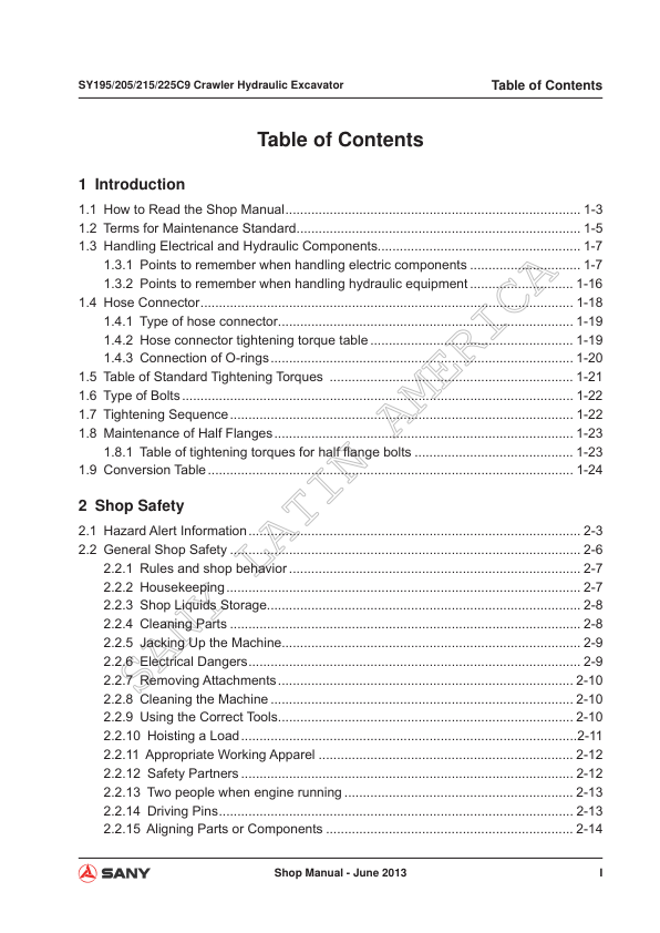 SANY SY195C9 SY205C9 SY215C9 SY225C9 Excavator Service Manual - Image 5