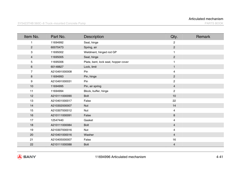 SANY SY5423THB 560C-8 Truck-mounted Concrete Pump Parts Catalog - Image 10