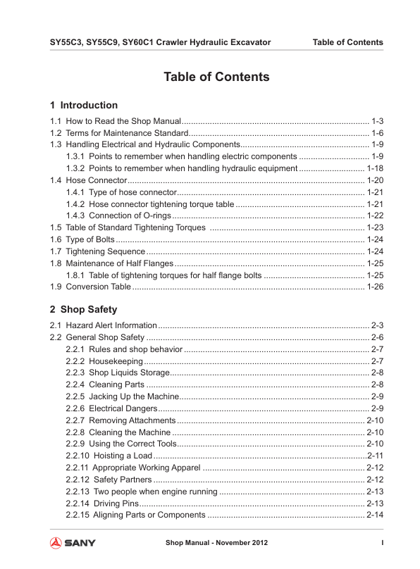 SANY SY55C3 SY55C9 SY60C1 Hydraulic Excavator Service Manual - Image 4