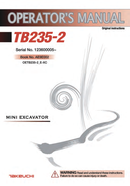 Takeuchi TB235-2 Excavator Operators Manual SN from 123600005 - Image 2