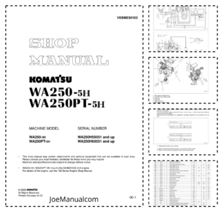 Komatsu WA250-5H WA250PT-5H Wheel Loader Workshop Manual SN 50051 60051 and UP