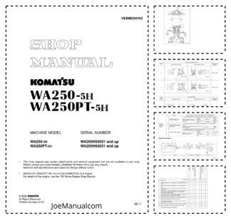Komatsu WA250-5H WA250PT-5H Wheel Loader Workshop Manual SN H50051 H60051 and UP