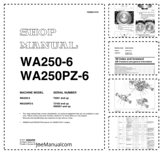 Komatsu WA250-6 WA250PZ-6 Wheel Loader Workshop Manual SN 75001 75160 H00051 and UP