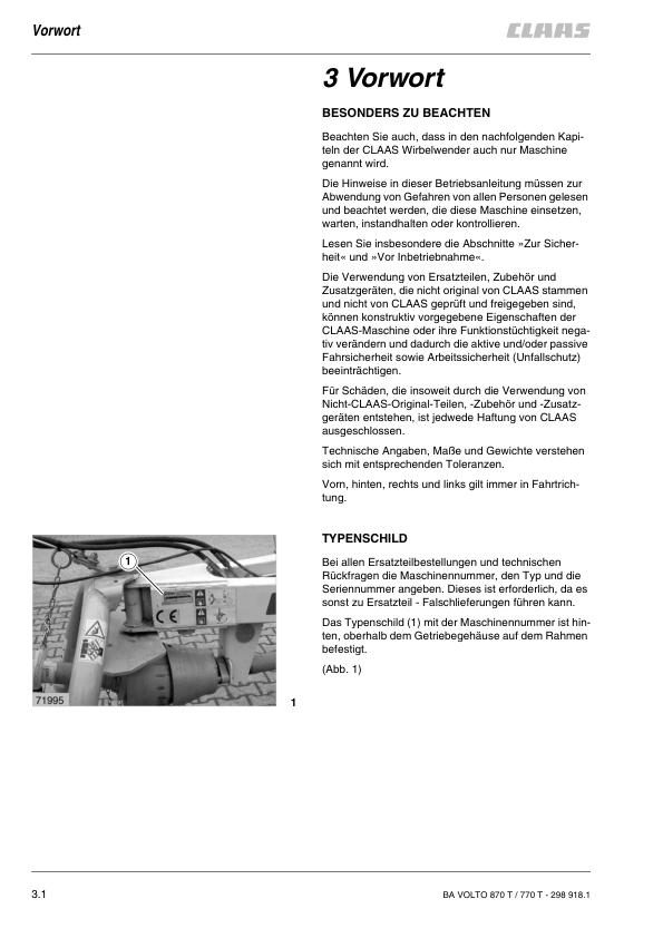 CLAAS VOLTO 870 T 770 T Tedder Operators Manual DE - Image 9