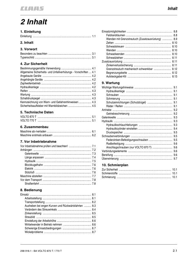 CLAAS VOLTO 870 T 770 T Tedder Operators Manual DE - Image 8