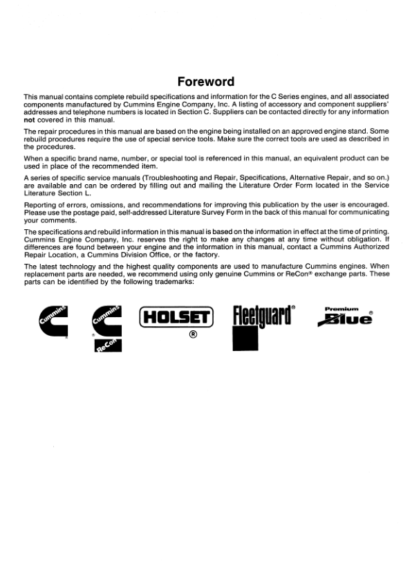 Cummins C Series Diesel Engine Workshop Manual 1991 1994 Certification Lvl - Image 7