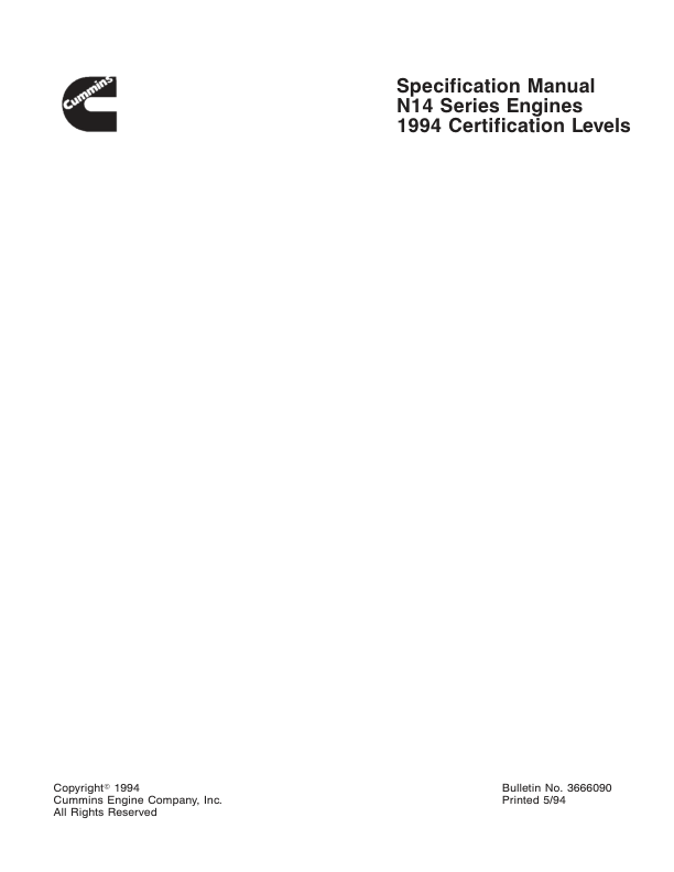 Cummins N14 Series Engine Specification Manual 1994 Certification Lvl - Image 2