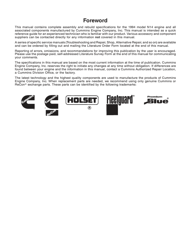 Cummins N14 Series Engine Specification Manual 1994 Certification Lvl - Image 6