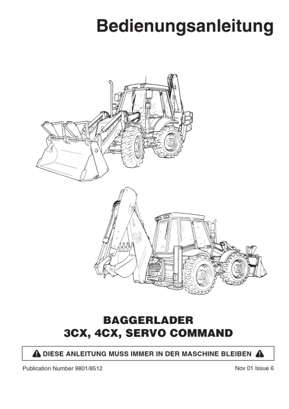 JCB 3CX 4CX 4C 4CN Servo Command Backhoe Loader Operators Manual 483468-499999 DE 9801/8512 Printed Book - Image 2