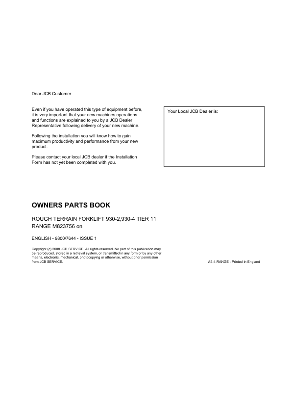 JCB 930-2T2 930-4T2 TIER 11 Rough Terrain Forklift Parts Catalog 9800/7644-1 - Image 6