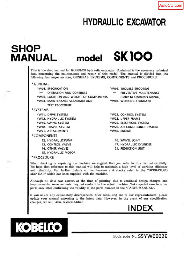 Kobelco SK100 Excavator Workshop Manual S5YW0002E - Image 2