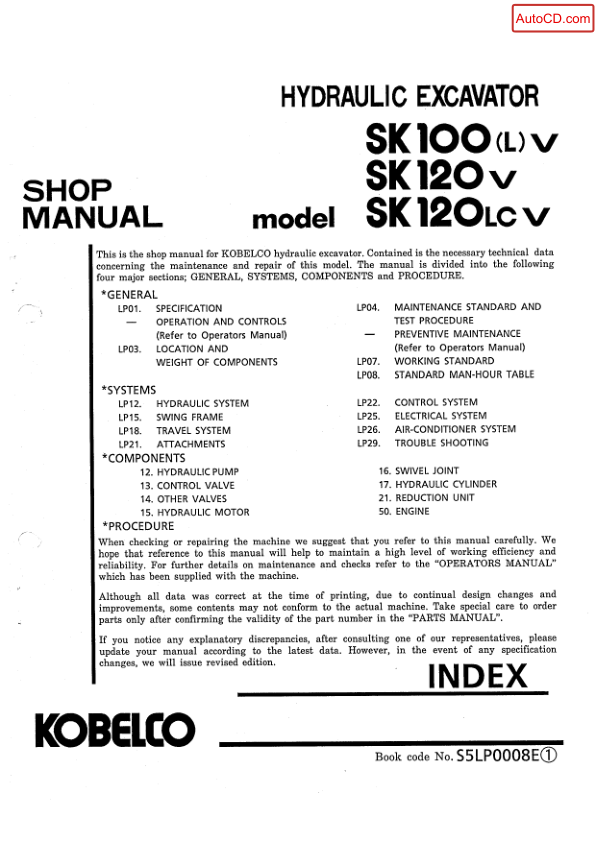 Kobelco SK100LV SK120V SK120LCV Excavator Workshop Manual S5LP0008E - Image 2