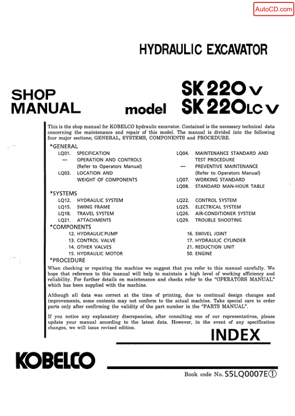 Kobelco SK220V SK220LCV Excavator Workshop Manual S5LQ0007E - Image 2