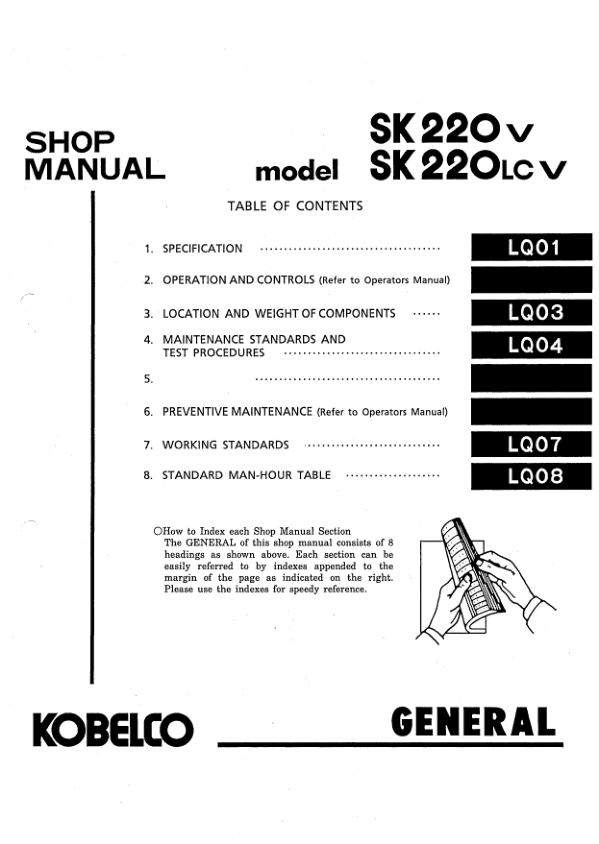 Kobelco SK220V SK220LCV Excavator Workshop Manual S5LQ0007E - Image 8