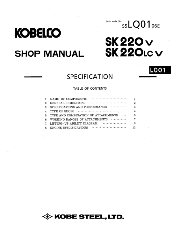 Kobelco SK220V SK220LCV Excavator Workshop Manual S5LQ0007E - Image 10