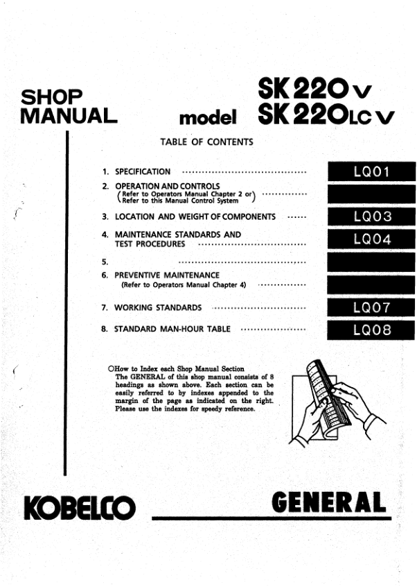 Kobelco SK220V SK220LCV Excavator Workshop Manual S5LQ0008E - Image 8