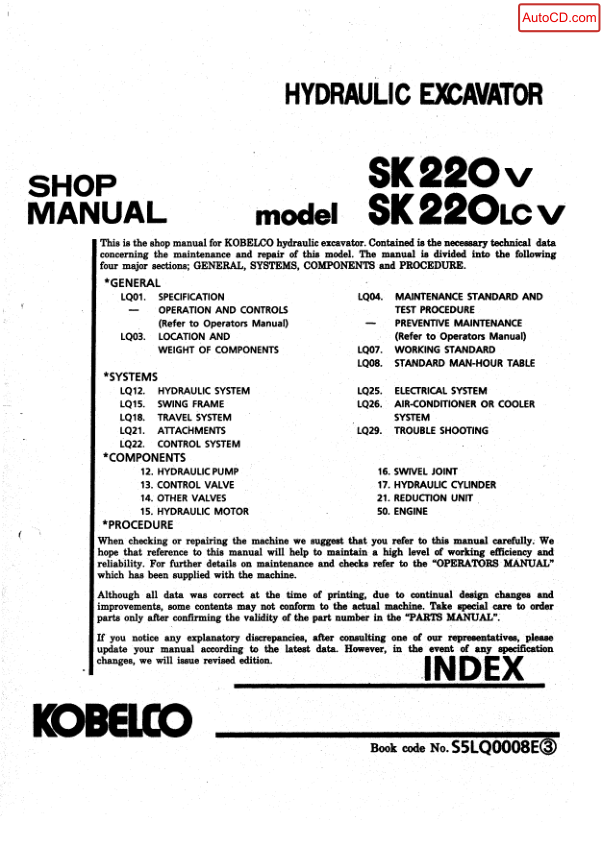 Kobelco SK220V SK220LCV Excavator Workshop Manual S5LQ0008E - Image 2