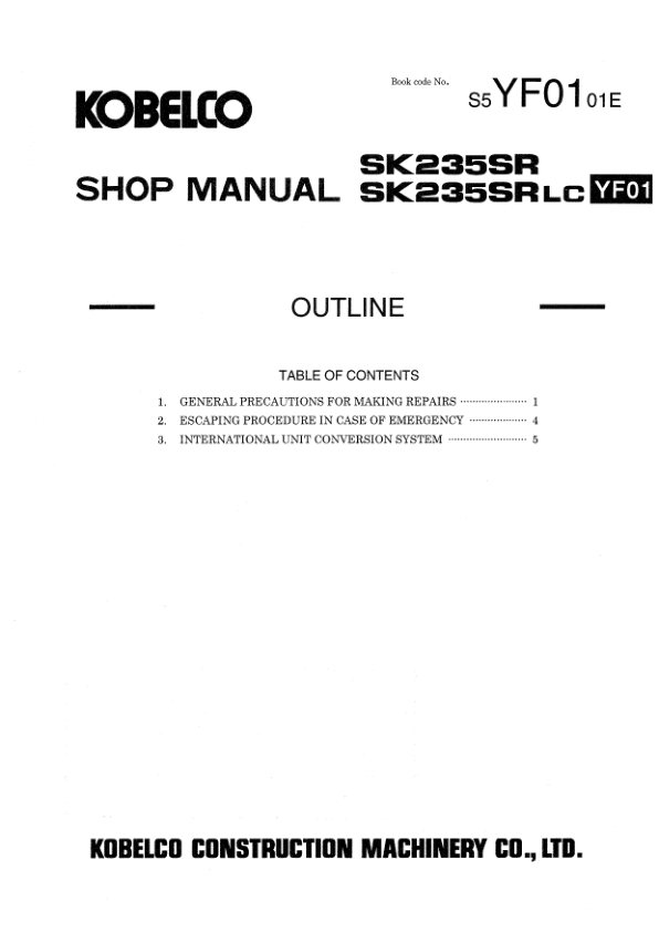 Kobelco SK235SR SK235SRLC Excavator Workshop Manual S5YF0001E - Image 9