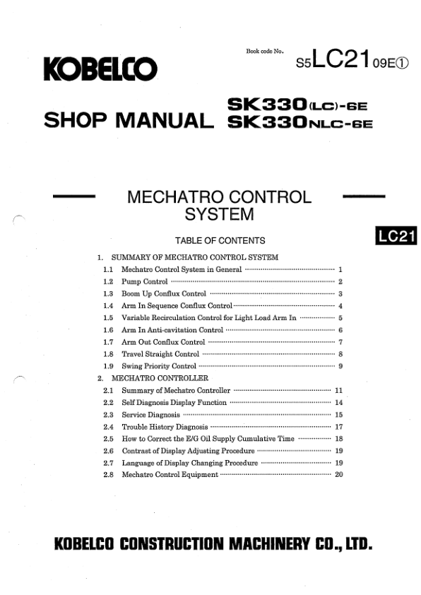 Kobelco SK330LC-6E NLC-6E Excavator Workshop Manual S5LC0009E - Image 11